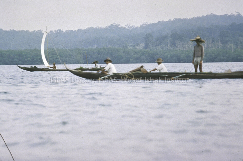 DP126_04 - The long flat-bottomed boat is propelled by long thin poles as well as a small sail.