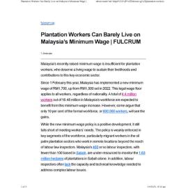 2025/188 - Plantation Workers Can Barely Live on Malaysia’s Minimum Wage